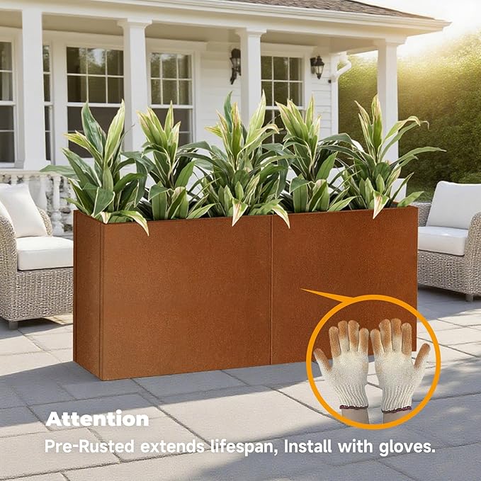 Rusted Metallic Heavy Rectangular Planter 30" x 12" x 24" for Outdoor Plants Corten Steel Outdoor Planter Spliced Flower Box with Partitions for Outside,Indoor,Garden (Corten, 30 * 12 * 24)