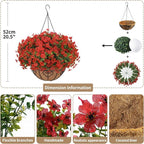 Artificial Hanging Flower for Outdoors, Fake Hanging Basket for Outside,1 Hanging Basket with 13 Pcs Faux Silk Flowers for Porch, Balcony and Patio Decor(Red)