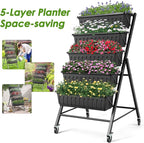 Suyncll Vertical Raised Garden Bed Planter Box, 5 Tiers Vertical Garden Planter with Drainage System and 4 Hooks for Plants Vegetables Flowers (Black with Wheels)