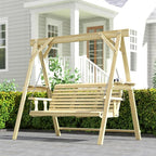 Outsunny 3 Seat Porch Swing with Stand, Wooden Patio Swing Chair with Side Tables and Metal Chains, Outdoor Swing Bench for Garden, Poolside, Backyard, Natural Wood