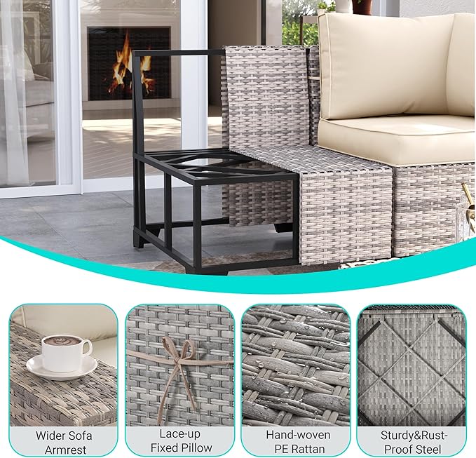 6-Piece Outdoor Patio Furniture Set Wicker Sectional Sofa Set, Patio Conversation Set with Thickened Cushions & Coffee Table for Garden, Backyard, Poolside, White