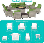 13-Piece Outdoor Patio Furniture Set with Rocking Swivel Chair, PE Wicker Rattan Sectional Sofa Patio Conversation Set with 55,000 BTU Fire Pit Table & Coffee Table, Avocado Green