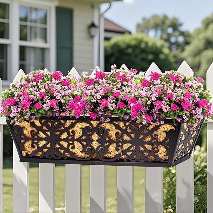 6 Pack 24 Inch Window Boxes Planters Railing Planter Box with Adjustable Brackets & Coco Liners Fabric Plant Grow Bags Deck Railing Planter Boxes Balcony Hanging Flower Box for Outdoor Plants