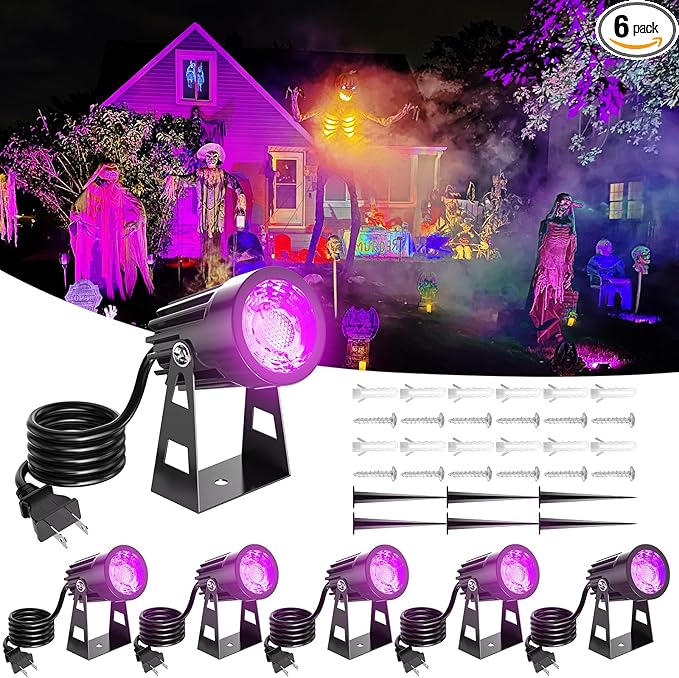 Black Light Outdoor,3W Halloween Blacklight Spotlight IP67 Waterproof Landscape Lighting with Stake 5.9 Ft, Black Lights for Fluorescent Party, Poster,Courtyard Garden, Stage, 6 Pack