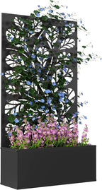 Outsunny Metal Raised Garden Bed with Trellis for Climbing Plants, Freestanding or Wall Mounted Flower Bed with Privacy Panel, Twigs and Leaves Cut-Outs Outdoor Planter Box for Garden, Patio, Balcony
