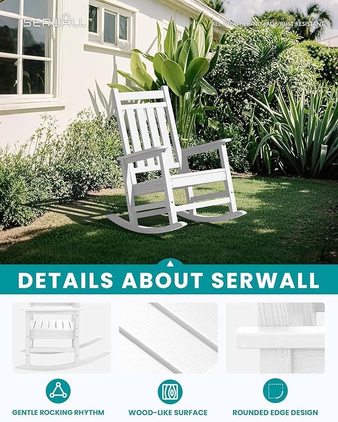 SERWALL Oversized Outdoor Rocking Chair Set of 4, HDPE Rocker for Adults, Patio Rocking Chairs for Porch, White