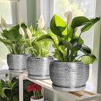 SQOWL Ceramic Pot for Plants - 8 Inch Planter with Drainage Hole and Saucer, Round Planter Indoor Outdoor, Modern Decorative Flower Pot, House Decor, Gifts for Plant Lovers, Silver
