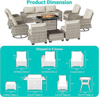 13-Piece Outdoor Patio Furniture Set with Rocking Swivel Chair, PE Wicker Rattan Sectional Sofa Patio Conversation Set with 55,000 BTU Fire Pit Table & Coffee Table, White
