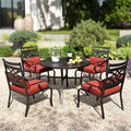 PHI VILLA 5 Pieces Outdoor Dining Set for 4, 42" Round Black Metal Table with Umbrella Hole & Wrought Iron Chairs, Large Outside Furniture with Red Cushions & Pillows for Patio, Deck, Porch