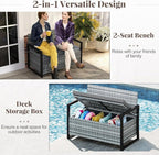 RELAX4LIFE Wicker Outdoor Bench with Storage - Rattan Deck Box w/Protective Liner for Pillows, Pool Supplies, Garden Tools, Patio Loveseat with Seat Cushion & Metal Armrests for Backyard Porch Balcony