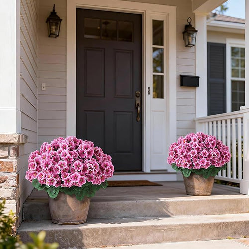 2 Pack Artificial Geranium Flowers Topitary Trees for Outdoors, UV Resistant Geraniums Potted Bushes Look Real Silk Faux Plants for Front Door Garden Porch Planter Farmhouse Home Decor (Pink)