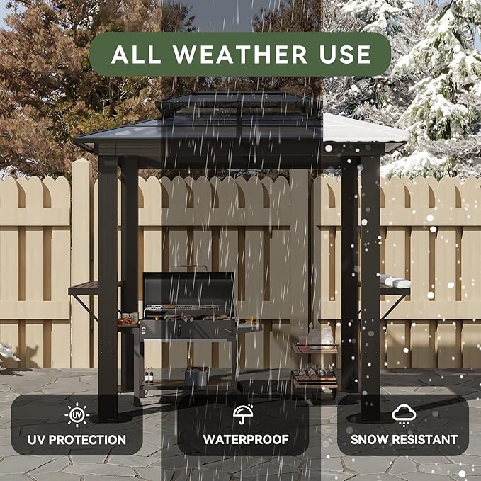 Aoxun Grill Gazebo 8 x 5FT, Outdoor Barbecue Gazebo with Double Polycarbonate Top, Aluminum Grill Canopy with Shelves for Patio, Lawn, Garden