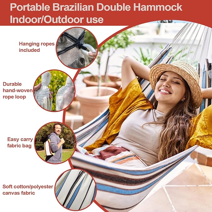 JoyView Brazilian Hammock for Single Person Portable Hammock with Hanging Ropes & Carry Bag Large 78.8x39.4” for Patio 300LBS Capacity Perfect for Outdoor/Indoor - Blue & Green Stripes