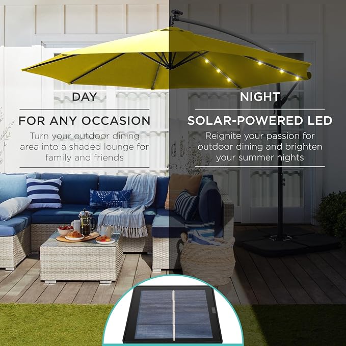 Best Choice Products 10ft Solar LED Offset Cantilever Hanging Market Patio Umbrella, 8 Sturdy Ribs, Easy Adjustment - Yellow