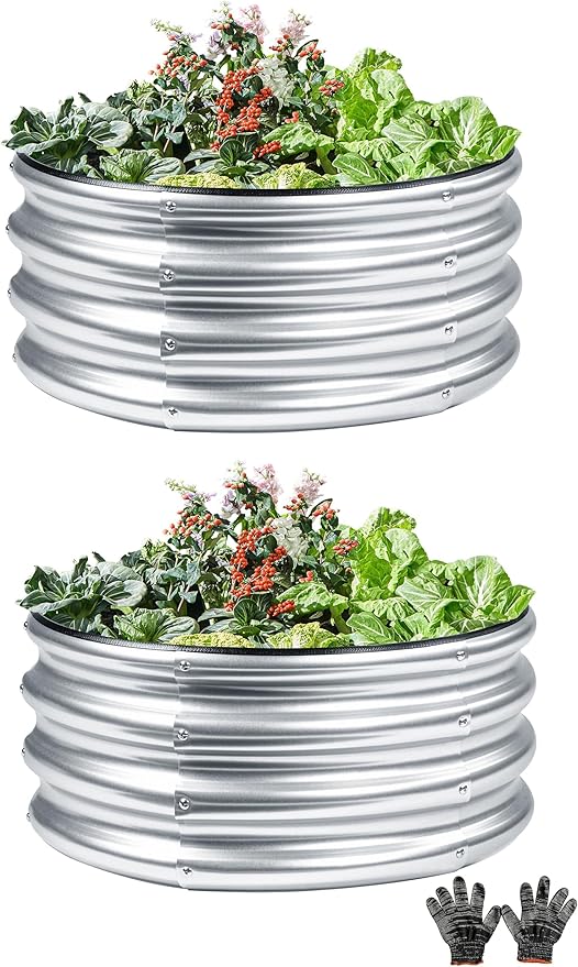 2 Pcs 2x2X1 FT Round Galvanized Raised Garden Bed Kit, Silver Outdoor Planter Garden Bed, Metal Raised Box for Vegetables, Fruits, Flowers & Herbs