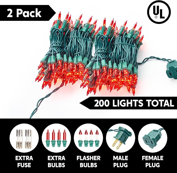 Indoor String Lights, 42.8 FT Red Incandescent Set with 200 T5 Bulbs