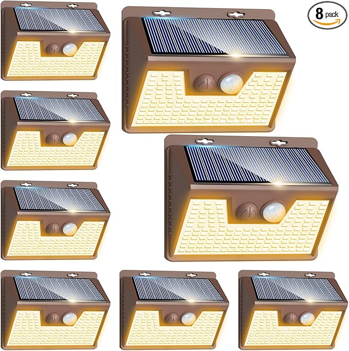 Peasur Solar Lights Outdoor Motion Sensor Waterproof, 8 Pack 140LED Brown Solar Powered Fence Light, 3 Modes Security Wall Lights for Garden Yard Outside(Warm White)