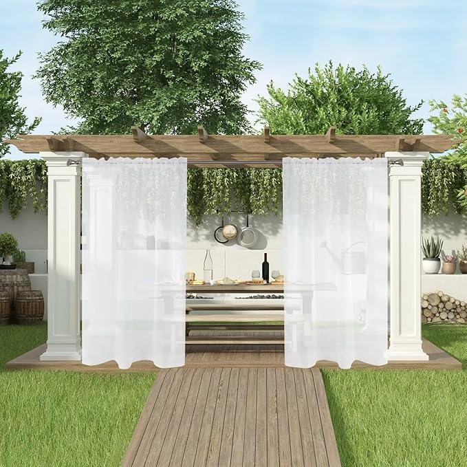 SpaceDresser Waterproof Outdoor Sheer Curtains for Patio - 2 Panels Rod Pocket Indoor Voile Sheer Curtain for Living Room,52W x 96L inch, White