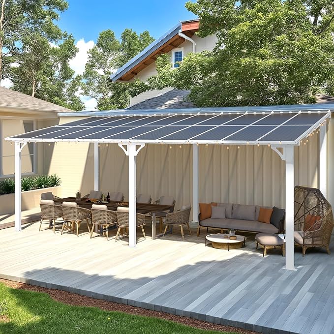 AECOJOY 20' x 10' White Gazebo Outdoor Pergola for Patio, 10x20 Large Wall-Mounted Hard Top Lean to Metal Gazebo Shelter Pergolas and Gazebos Clearance with Patio Roof, Heavy Duty Awnings for Backyard