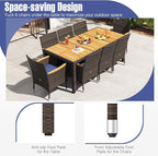 Tangkula 9 Pieces Rattan Outdoor Dining Set for 8, Outdoor Acacia Wood Table Set with 8 Cushioned Wicker Chairs, Umbrella Hole, Patio Dining Furniture Set for Deck Pool Backyard