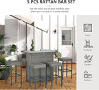 Outsunny 5 Piece Wicker Outdoor Bar Set, High Top Outdoor Table and Chairs, Bar Height Patio Set with Glass Table Top 2 Tier Storage Shelf and 4 Bar Stools for Garden, Poolside, Gray