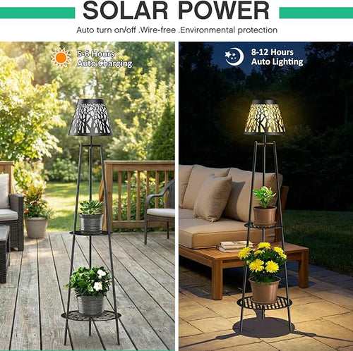 2 Pack 45.5'' Outdoor Floor Lamps with 2 Tier Plant Stand, Solar Powered Metal Waterproof Lights for Patio Deck Yard Garden Porch Decor