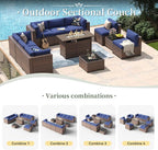 Aoxun 11 Piece Patio Furniture Set with 44” Fire Pit Table Wicker Rattan Outdoor Sectional Sofa Set with Coffee Table and 4” Thickened Cushions, Blue (Waterproof Cover Included)