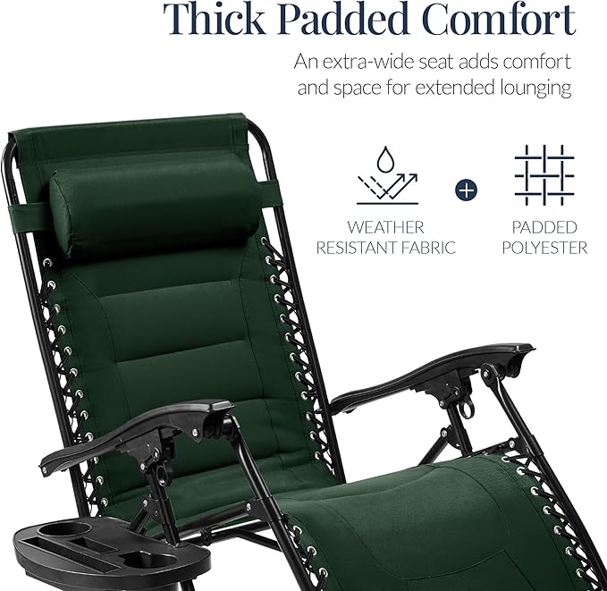 Best Choice Products Oversized Padded Zero Gravity Chair, Folding Outdoor Patio Recliner, XL Anti Gravity Lounger for Backyard w/Headrest, Cup Holder, Side Tray, Polyester Mesh - Forest Green