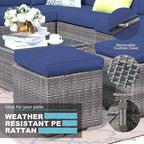 Patiorama 2 Pieces Assembled Outdoor Patio Ottoman, Indoor Outdoor All-Weather Grey Wicker Rattan Outdoor Footstool Footrest Seat w/Navy Blue Cushions,Outdoor Ottoman for Patio,No Assembly Required