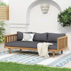 Merax Solid Acacia Wood Couch Chaise Lounge Chair Indoor, 3 Seater Daybed Sofa Couches with Cushions & Pillow, Heavy Frame Day Bed for Living Room, Office, Outdoor, Balcony, Patio, Water Resistant