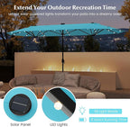 Tangkula 9 Pieces Rattan Outdoor Dining Set with 13Ft Solar Patio Umbrella for 6, Outdoor Wicker Table Set with 8 Cushioned Chairs, Acacia Wood Top, Outdoor Umbrella with Base Included