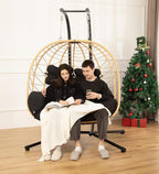 DoubleTT Double Indoor/Outdoor Wicker Swing Egg Chair Hammock Foldable Hanging Loveseat with Stand, UV Resistant Removable Cushions, 700LBS Capacity for Bedroom, Balcony, Garden (Yellow and Black)