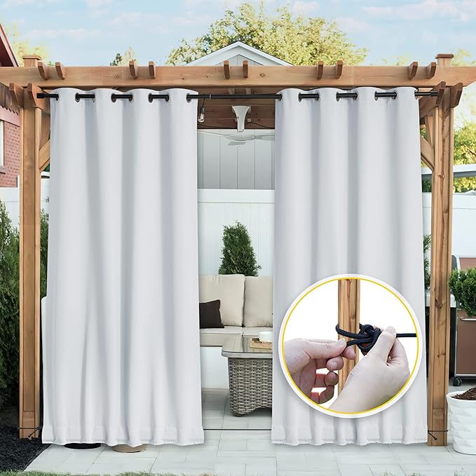 NICETOWN 2 Panels Outdoor Curtains Waterproof for Patio, Thermal Insulated Top & Bottom Grommet & Back Tab Light Blocking Outdoor Drapes, Windproof with Bouns Rope, W52 x L95, Greyish White