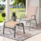 ONBRILL Outdoor Ottoman Set of 2, All Weather Outdoor Foot Stool with Supportive Textliene and Metal Frame, Stackable Oversized Outdoor Foot Rest for Furniture Patio Garden Pool, Beige