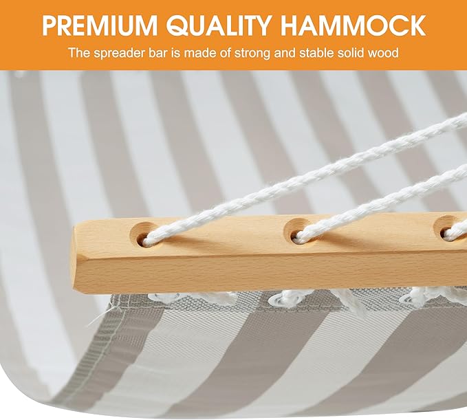 Lazy Daze Hammocks Quick Dry Hammock with Spreader Bar Textliene Fabric Double 2 Person Hammock with Chains Outdoor Patio Poolside Backyard Beach 450 lbs Capacity, Beige White Stripes