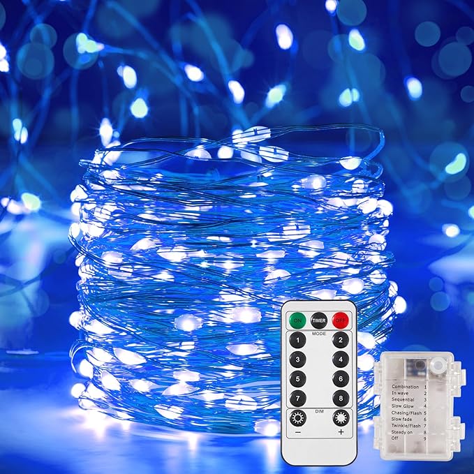 Indoor String Lights, 2 Pack 16.4 Ft Blue Battery LED with Remote