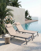 2 Pack Foldable Chaise Lounge Chair with Cup Holder, Assemble-Free Outdoor Lounge Chair with Detachable Pillow and 6 Adjustable Backrest, Patio Lounge Chair for Outside Poolside Beach Pool, Khaki