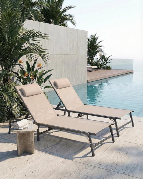 2 Pack Foldable Chaise Lounge Chair with Cup Holder, Assemble-Free Outdoor Lounge Chair with Detachable Pillow and 6 Adjustable Backrest, Patio Lounge Chair for Outside Poolside Beach Pool, Khaki