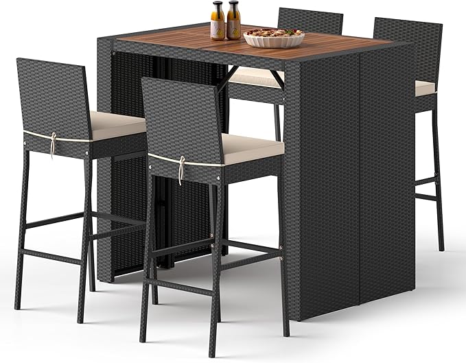 RELAX4LIFE 5-Piece Outdoor Bar Set - Wicker Rattan Bar Height Dining Table w/Acacia Wood Top & 4 Bar Stools Chairs w/Seat Cushions, Backrest, Footrest, Outside Patio Bistro Set for Backyard (47.5'')