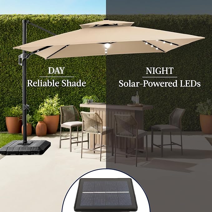 Best Choice Products 9x12ft LED Cantilever Patio Umbrella w/Base Included & 360° Rotation, Large Solar Offset Hanging Outdoor Sun Shade for Deck, Backyard Table w/Stand & Lights – Sand