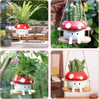 Fungi Fun Mushroom Hanging Planter Pot, Cute Ceramic Swing Face Planter for Indoor & Outdoor, Unique Mushroom Planters for Succulents, String of Pearls Plant, Small Hanging Planters Red & White