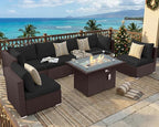 NICESOUL 7 Piece Outdoor Patio Furniture Set with Fire Pit Table Natural Gas/Propane, Tall Wide Deep Sectional Couch Sofa for Outside, 29.3'' High Back Backyard Sitting, Brown Rattan and Black Cushion