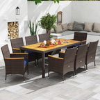 Tangkula 9 Pieces Rattan Outdoor Dining Set for 8, Outdoor Acacia Wood Table Set with 8 Cushioned Wicker Chairs, Umbrella Hole, Patio Dining Furniture Set for Deck Pool Backyard