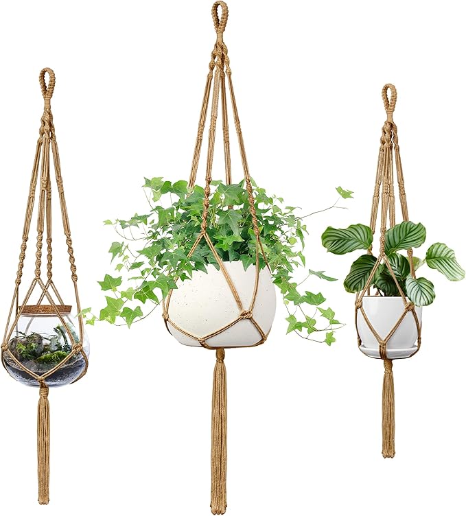 Macrame Plant Hanger - Fits 4 to 13 inches Pots for Indoor Outdoor, 34"/41"/46" 3 Sizes Set, Brown (POTS NOT Included)