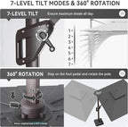 10 X 13 FT Cantilever Outdoor Patio Umbrella with Base Included Large Heavy Duty 360° Rotation Double Top Offset Rectangular Umbrellas with Led Lights for Backyard Outside Deck,Grey