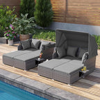 Tangkula Patio Rattan Daybed with Retractable Canopy, Outdoor Wicker Sunbed Lounger with 2 Foldable Side Tables, Thick Seat & Back Cushions, Outside Double Daybed for Garden, Backyard, Porch, Grey