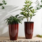 Glitzhome 23.5" H Oversized Tall Planter, Set of 2 Plastic Large Outdoor Planters with Drainage Holes, Gradient Red Faux Ceramic Finish, Large Flower Pots Round Plant Pots for Indoor Outdoor Patio
