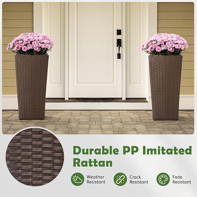 Idzo All Weather Wicker Planters for Outdoor Plants Set of 2, 24 inch Tall Planter for Front Porch, Patio, Balcony, Indoor Usage - Square Rattan Flower Pots, Mocha