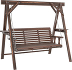 Outsunny 3 Seat Porch Swing with Stand, Wooden Patio Swing Chair with Side Tables and Metal Chains, Outdoor Swing Bench for Garden, Poolside, Backyard, Carbonized Brown
