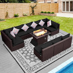 NICESOUL 11 Piece L-Shaped Outdoor Patio Furniture Set with Fire Pit Natural Gas/Propane, 29.3'' High Back Conversation Set, Extra Large Deep Couch Sofa Sectional Sets, Brown Rattan and Black Cushion